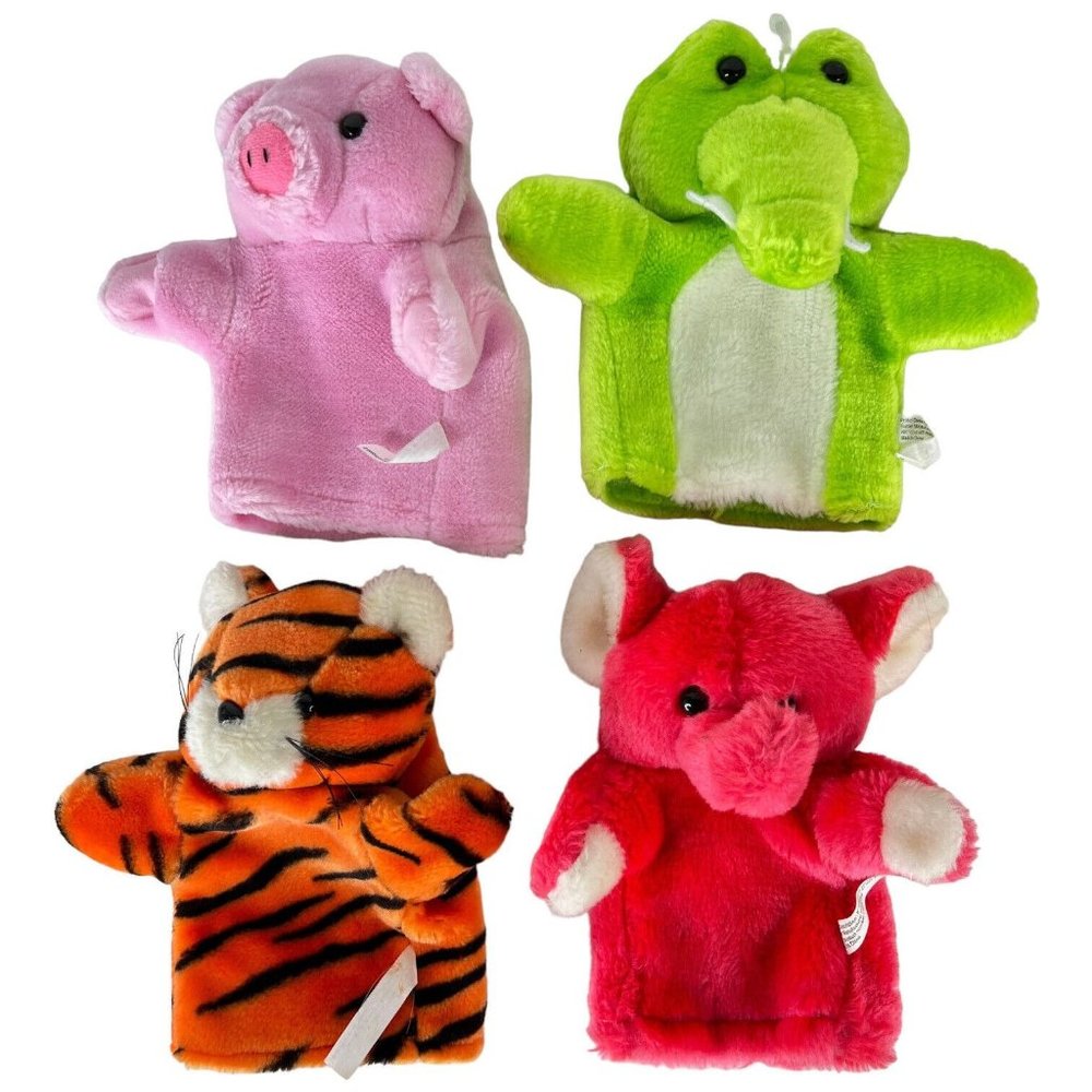 4 Hand Puppet Plush Pig Tiger Elephant Crocodile 8” Toy Stuffed Animal Set Lot